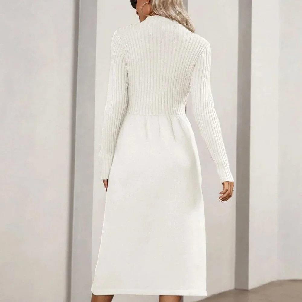 White Elegant Womens Mock Neck Button Detail Sweater Dress - Picture 2 of 5
